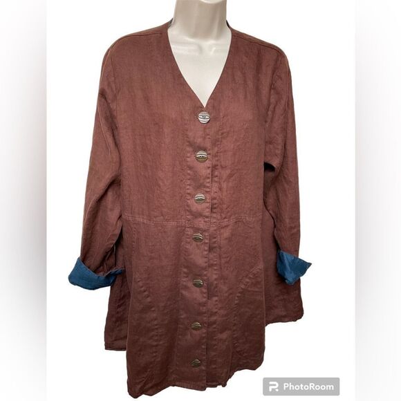 FLAX Designs Linen Jacket Brown‎ Contrast Cuff M - Picture 3 of 16